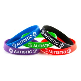 Autistic ID Bracelet Wristband Combo - 5 Pack - 7 Inches - Youth - Black Blue Green Red Purple