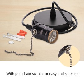 Vintage Lamp Socket with Pull Chain, E27 Vintage Pendant Light Holder, Lamp Base Ceiling Mounted for Basement,Garage(Pearl Black)