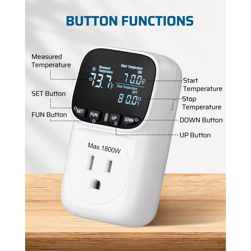 DEWENWILS Digital Temperature Controller, Heavy Duty 15A/1800W Thermostat Outlet