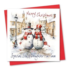 Christmas Card for Son & Daughter-in-law. Mr and Mrs Snowman Design. Eco-friendly & UK Made. Verse Inside. 148x148mm card size.