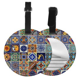 1 PCS Luggage Tag for Suitcase, Mexican Talavera Tiles PU Leather Baggage Tags Identifiers with Privacy Name Address Backpack Labels for Women Men Travel (Round)