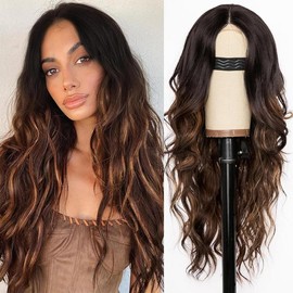 AISI HAIR Brown Wig for Women, Long Wavy Black To Brown Lace Hairline Wig, 26 Inch Middle Part Synthetic Heat Resistant Wig for Daily Party - Color: Brown with Blonde Highlight