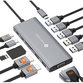 NOVOO USB C Docking Station Triple Display 13 in 1 Dual 4K@60Hz HDMI Hub VGA Adapter, 5 USB-A Datenports, 100W PD, USB-C Datenport, SD/TF Multiport Dock für MacBook M2 M3 Dell HP Surface