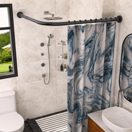 SIKAIQI Stretchable 304 Stainless L Shaped Bathroom Bathtub Corner Shower Curtain Rod Rack (Black 24"-37" x 24"-37"), Drill Free Install, for Bathroom, Clothing Store, Private space, with 12 Hooks