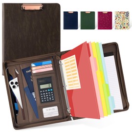 Ospelelf Zippered Portfolio Binder, Leather Clipboard Folder with Storage, 3 Ring Binder 1 Inch, 12.1” Tablet Sleeve, 5 Dividers with Pocket, Refillable Notepad, Card Slot (Brown)