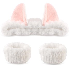 Cat Ears Headband, 3PCS Cute Spa Headbands and Wristband Set, Animal Ears Headbands for Washing Face Soft Elastic Skincare Headband Makeup Facial Hairband for Women Girls, White