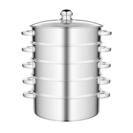 JAYGOVAN 5 Tier Stainless Steel Steamer Pot for Cooking, 11 inch/28cm Multipurpose Stainless Steel Steam Pot Cookware with Handle & Lid Vegetable Steaming Basket for Vegetable, Dumpling, Stock, Sauce (28CM)