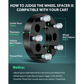 SCITOO 2Pcs 5x4.5 to 5x5.5 Wheel Adapters 1.25 inch Thread Pitch 1/2 Hub Bore 73mm 5 Lug Wheel Spacers Fit for Mustang Edge Explorer Crown Victoria Ranger Bronco Liberty Wrangler Cherokee
