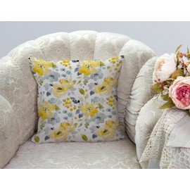 TSSOHU Throw Pillow Cover Black Floral Watercolor Bright Summer Pattern Yellow and Blue Abstract Flowers Gray Simple Botanica Home Decor Pillowcase for Sofa 18x18 Inches