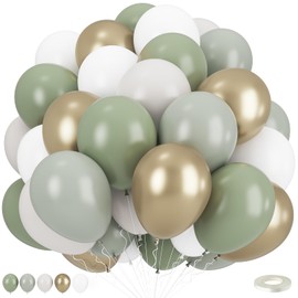 Dusty Green White Gold Balloons, 12 Inch Sage Olive Green Metallic Champagne Gold White Latex Balloons for Wedding Engagement Birthday Baby Shower Eucalyptus Party Decoration Supplies