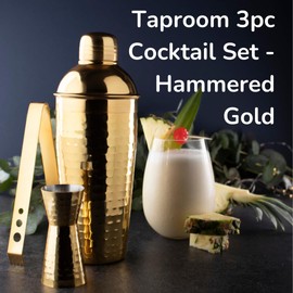 Taylor's Eye Witness Taproom 3pcs Gold Coloured Hammered Stainless-Steel Cocktail Shaker Set - Includes 500ml (17.5fl oz) Metal Cobbler Shaker, 25ml/40ml Double Jigger & Ice Tongs.