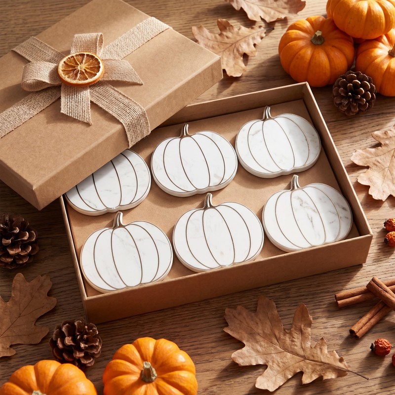 FoldTier 6 Pcs Marble Pumpkin Fall Coasters, Halloween Drink Coasters