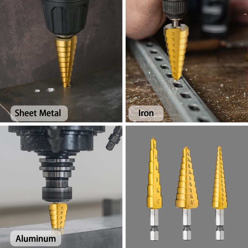 IRONANT 3PCS Step Drill Bit Set, HSS Titanium Step Drill