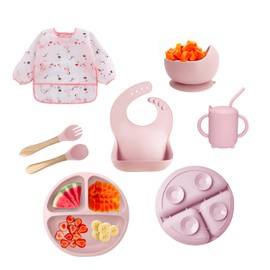 2025 Silicone Baby Feeding Set - All in One: Spoon, Fork, Suction Bowl, Divided Suction Plate, Sippy Cup, Silicone Bib and Travel Bib -6 + Month, Toddler & Baby silicone feeding set - BPA free, Pink