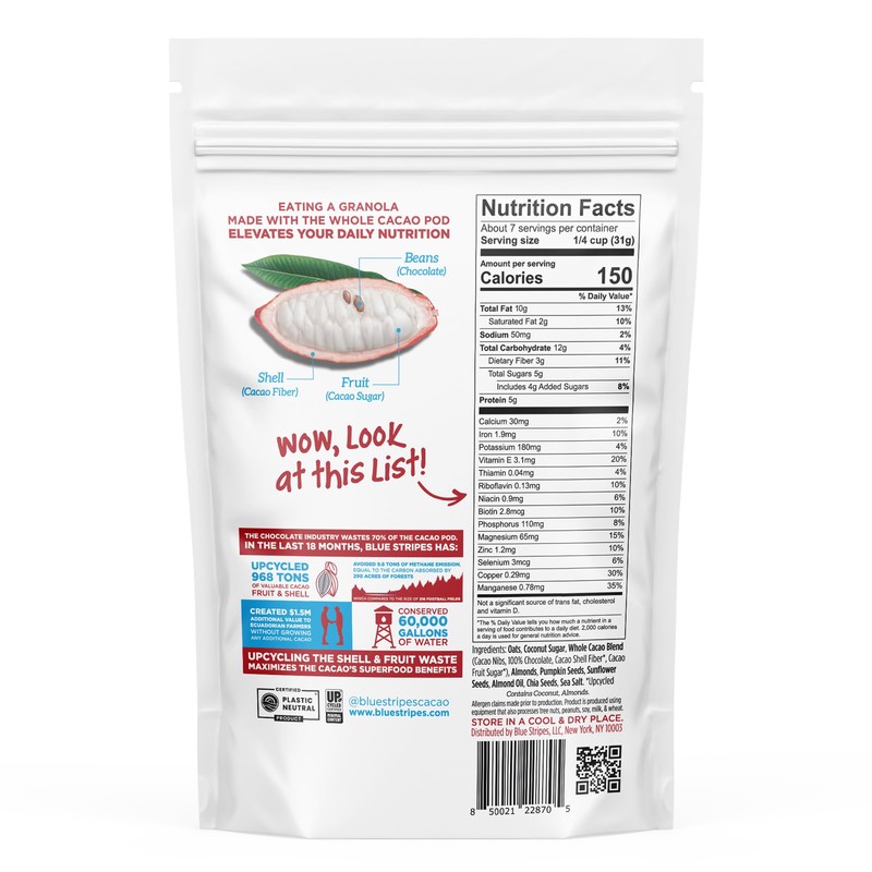 Blue Stripes Whole Cacao Granola - Gluten Free 70% Dark