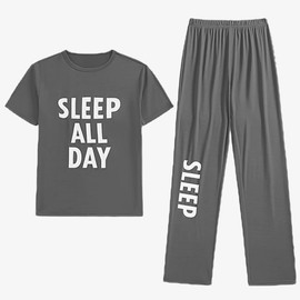 Trsenvrml Men Pajama Set for Women Short Sleeve Sleepwear Shirts Letter Pjs Pants Couple Matching Lounge Set (Grey, L)