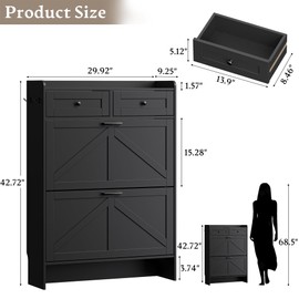 BORNOON Shoe Storage Cabinet for Entryway, Farmhouse Narrow Shoe Cabinet with 2 Flip Drawers & Top Drawers, Adjustable Shelves & Hooks, Freestanding Hidden Rack Organizer for Hallway, Foyer