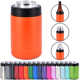 4-in-1 Stainless Steel 12 oz Double Wall Vacuum Insulated Can or Bottle Cooler Keeps Beverage Cold for Hours - Also Fits 16 oz Cans - Powder Coated Orange - Clear Water Home Goods