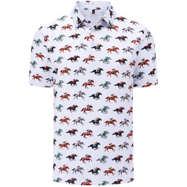 Men's Golf Polo Shirts Funny Golf Shirts for Men Performance Moisture Wicking Quick Dry Athletic Short Sleeve Shirts Horse Race White