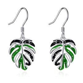 POPLYKE Tropical Monstera Dangle Drop Earrings Bohemian Enamel Green Leaf Earrings for Women Sterling Silver Boho Vaction Jewelry