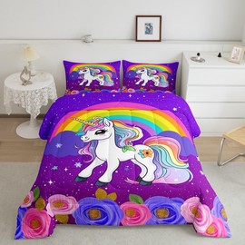 Cute Unicorn Kids Comforter Set Twin Size,Rainbow Stars Cloud Dreamy Bedding Set,Girls Women Room Decor,Cartoon Animals Roses Castle Down Comforter,Pink Purple Romantic Duvet Insert,1 Pillowcase