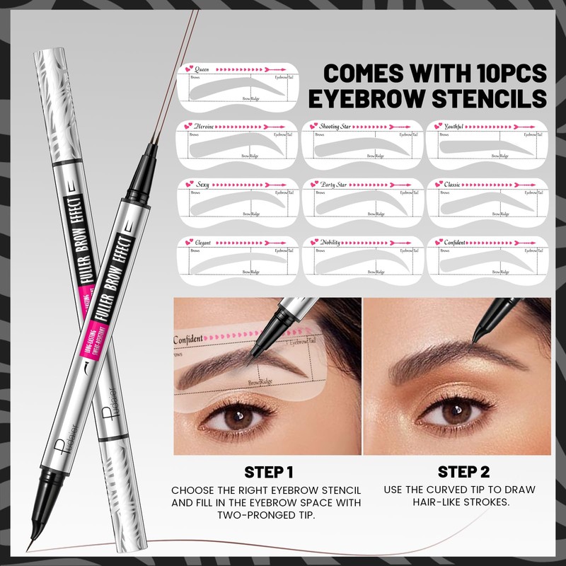 Curved Eyebrow Pencil with 10Pcs Stencils, 2-in-1 Dual-Ended Microblading Eyebrow
