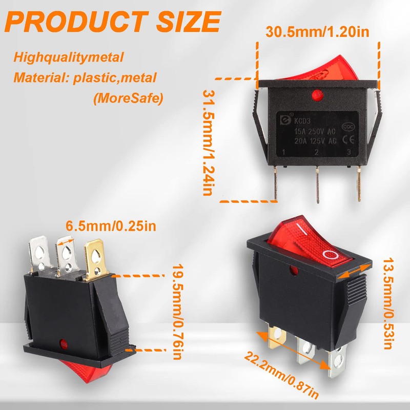 HUAREW Pack of 5 Rocker Switch Illuminated Red ON/OFF SPST