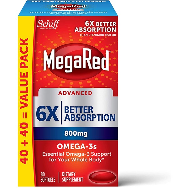 Omega 3 Fish Oil Supplement 1600mg (per serving), MegaRed Advanced 6X Absorption EPA & DHA Omega 3 Fatty Acid Softgels (80cnt box), Phopholipids, Supports Brain Eye Joint & Heart Health