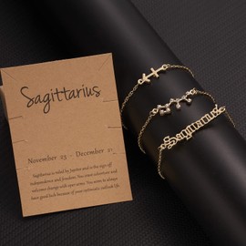 3 Pcs 12 Constellation Horoscope Bracelet Set 18K Gold Plated Crystal Zodiac Sign Layered Bracelets with Exquisite Letter Astrology Horoscope Card for Women Birthday Jewelry-Sagittarius