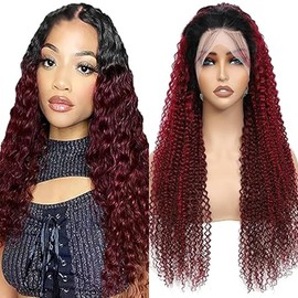 Lakaisa Real Hair Wig, Kinky Curly Wig, 13 x 1 HD Lace Frontal Wig, 1B/99J Red Ombre Wig, 16 Inches, 100% Unprocessed Human Hair, 180% Density, No Shedding, No Tangles