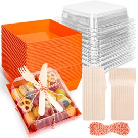Whaline 50 Set Fall Thanksgiving Orange Small Charcuterie Boxes with Clear Lids Forks Knives Clear Mini Dessert Box Disposable Food Containers for Autumn Halloween Sandwich Cookie Sushi Cake