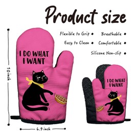 I do What I Want Funny Oven Mitts with Hanging Loop and Silicone Non-Slip, Humor Black Cat Sarcastic Baking Kitchen Utensils 2-Piece Set, Gifts for Cat Lover Mom Wife Sister BFF Colleague
