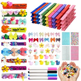 Jekyeroyme Cheer Pins Spirit Clips,Include 60 Wooden Colored Clothes Pins with 89Pcs Mini Animals Bows DIY Glue Stickers Pens for Cheerleading Gifts Bulk Backpacks Ribbon Team Cheer