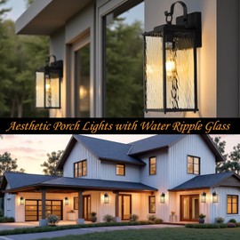 Sparluvix Outdoor Lights for House with Water Ripple Glass Modern 2-Pack, IP65 Waterproof Porch Lights Outdoor Wall Sconces Matte Black Patio Garage Coach Lighting Exterior Lanterns Wall Mounted, 15"