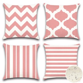 Artscope Set of 4 Waterproof Striped Cushion Covers 40x40cm Farmhouse Geometric Square Pillow Cases for Couch Patio Furniture Balcony Garden Outdoor Decoration（Geometry70-Pink）