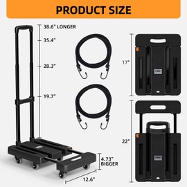 Folding Hand Trucks, Heavy Duty Dolly Cart with 6 Wheels & 2 Elastic Ropes, Foldable & Ideal for Luggage, Travel, Moving, Shopping, Office Use, Hold Up to 500 LB, Easy to Store, Black