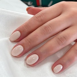32 uñas postizas cortas almendradas color beige y blanco, uñas postizas ovaladas brillantes, uñas acrílicas de color sólido, uñas postizas de cobertur
