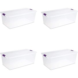 Sterilite 17641704 110 Quart/104 Liter ClearView Latch Box, Clear with Sweet Plum Latches, 4-Pack