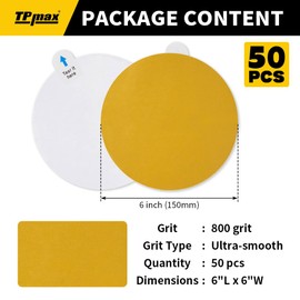TPmax 6-Inch 800-Grit Gold PSA Sanding Discs, 50 Pack – Pro-Grade Self-Adhesive Stickyback Sandpaper with Quick-Release Tabs for DA Sander, Ultra-Smooth Automotive/Wood/Metal Sanding