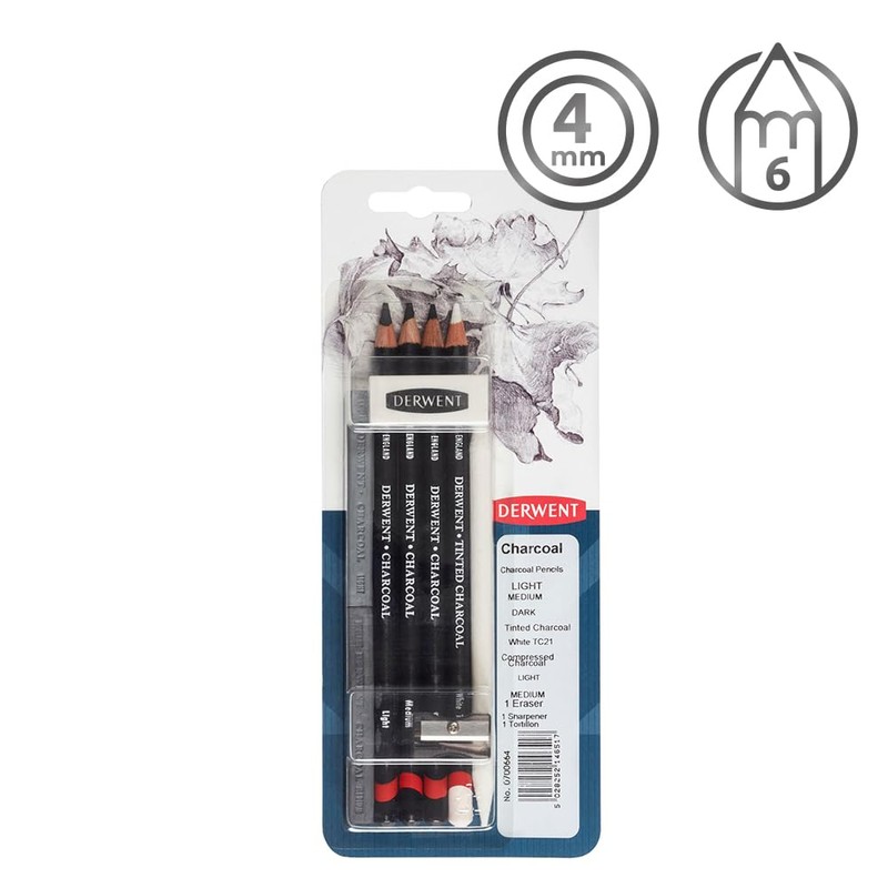 Derwent Charcoal Drawing Sampler Pack with Eraser and Sharpener, Professional