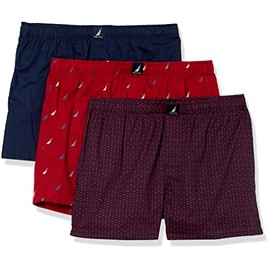 Nautica Men's Classic Cotton 3-Pack Woven Boxer, Peacoat/Anchor Print/Multi Sails Red, Medium
