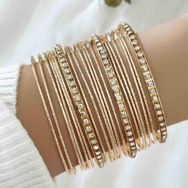 Yienate Boho Gold Bangle Bracelets Set Indian Bollywood Multi Bangles Chunky Layered Stacking Textured Rhinestone Bracelets Ethnic Wedding Outfit Bracelets Jewellery for Women (21 Pieces), Zinc