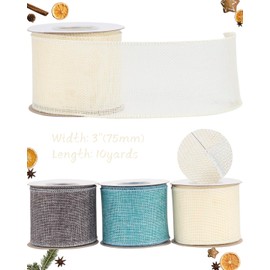 Tekdeere Burlap Ribbon 3 Inch x 10 Yard, Cream Wired Ribbon for Crafts, Gift Wrapping, Wreaths, Bows, Tree Decoration and Outdoor Decoration