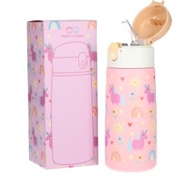 MadeForKids Kids Water Bottle with Straw for Girls and Boys - 480ml - Stainless Steel Water Bottle for School, Insulated, Leakproof, Cold Hot (Style: Unicorn)