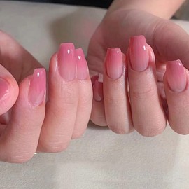 Virellay 24 Stück Rosa Gradient Ballerina Press on Nails Kurz, Rosa Farbverlauf Künstliche Nägel Zum Aufkleben, Quadratische Kunstnägel Kurz, Mittel Ombre Fake Nägel für Frauen
