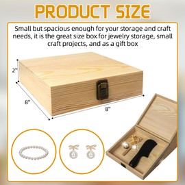 VIKOS Products 8x8x2-Inch Square Flat Unfinished Wooden Box for DIY Crafts and Storage Wooden Box with Durable Hinges and Retro Front Clasps Natural Pine Smooth Paintable Surface