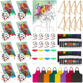 Cholemy 8 Set Paint and Sip Kit for Adults 8'' x 10'' Pre Drawn Canvas with Wooden Easels Acrylic Paint Brushes Wash Cup Palette Apron for Painting DIY Date Night Party Supplies(Flower Lady)