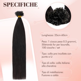 Real Hair Bondings Extensions, 50 g, 100 Strands, Remy Real Hair Extensions, 40 cm (0.5/s), Natural Black #1b