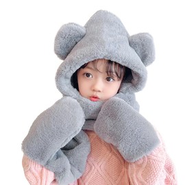 ITODA Kids Cartoon 3 in 1 Hat Scarf Gloves Set Soft Fluffy Full Hood Cap Imitation Rabbit Fur Scarves Hat Winter Warm Fleece Hooded Scarf Hat Neck Warmer for Boys Girls 4-10 Years(Grey)