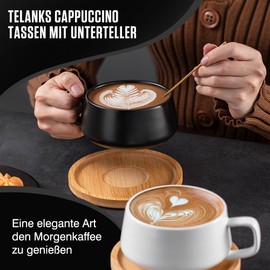 Set of 2 Cappuccino Cups with Saucer, 320 ml Coffee Cups, Espresso Cups Made of Stoneware for Tea, Coffee, Cappuccino, Coffee Cups with Wooden Disc, White